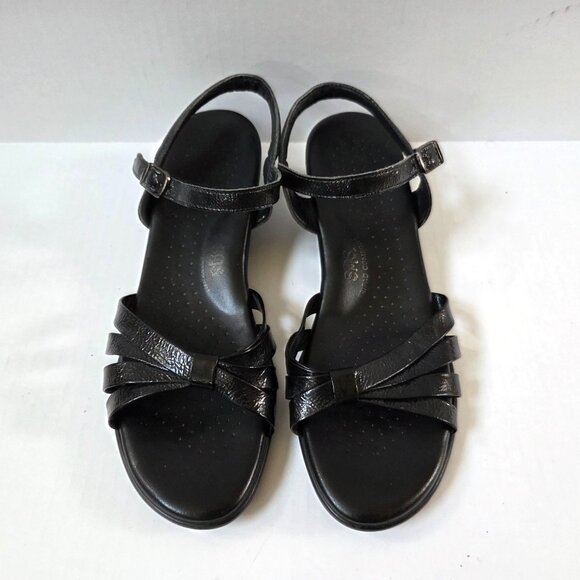 SAS Sandals Womens 11 Black Patent Leather Strippy Quarter Strap Ankle Wedges - Picture 4 of 9